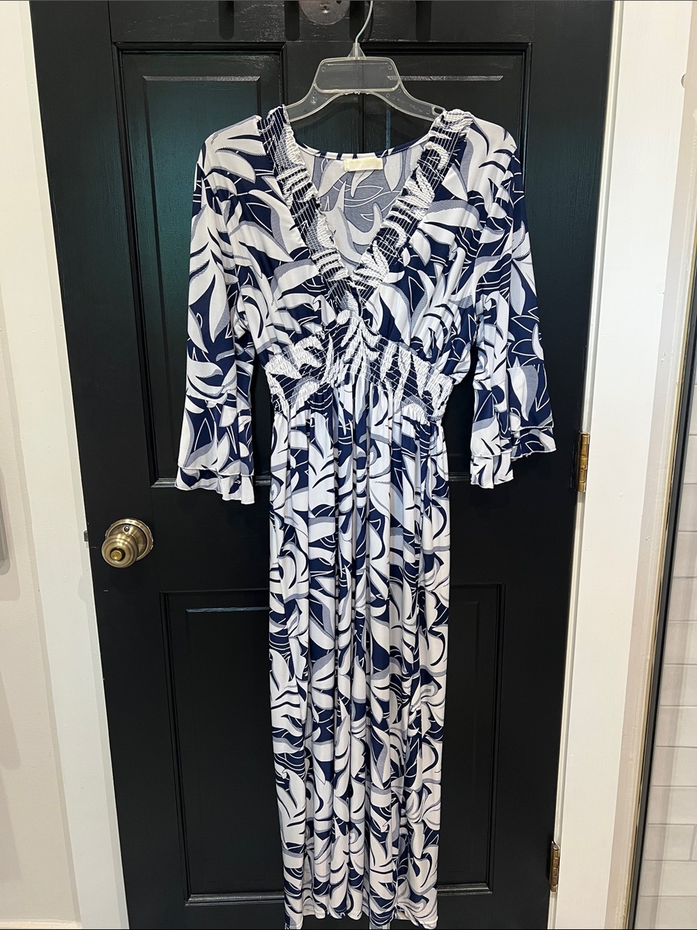 Trina Turk Navy & White Leaf-Print V-Neck Maxi Dress